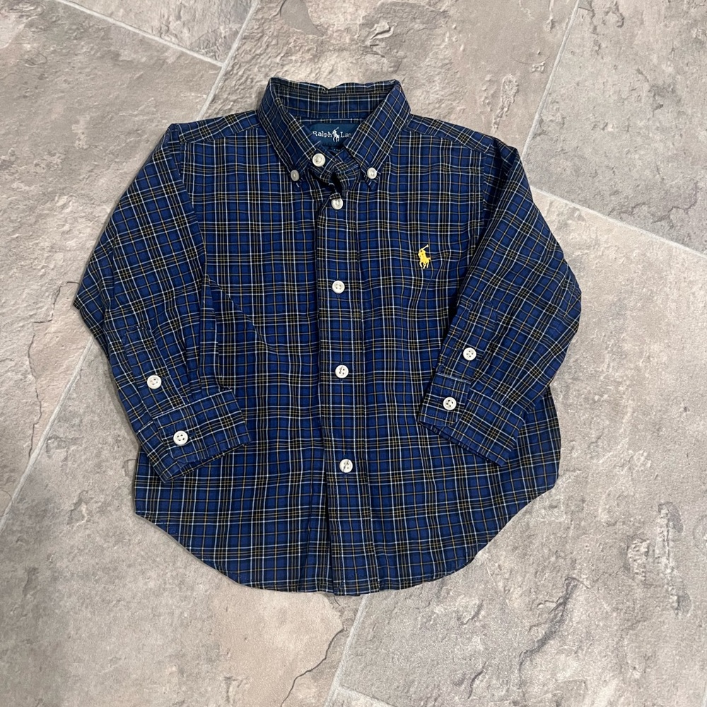 Polo by Ralph Lauren Baby Boy 18M Navy and Yellow Checkered Collard Dress Shirt